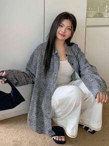 Dazy Plus Leopard Print Lapel Pocket Loose Denim Jacket, Long Sleeve, Plus Size, Autumn - Blue - View 5