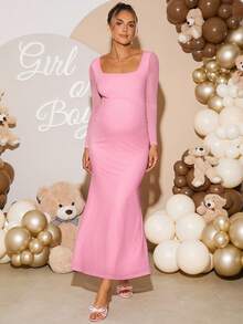 Loomaby 孕妇纯色方领长袖鱼尾下摆修身优雅连衣裙 - 粉色 - 查看 4