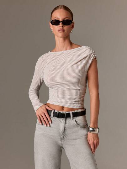 AiiRZ Asymmetrical One Sleeve Ruched Crop Top Striped Jersey Gathered Detail Boat Neck Evening Party Fashion Statement Piece Modern Minimalist Contemporary Design