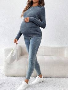 SHEIN Maglietta casual da donna in gravidanza a maniche lunghe, collo tondo, tinta unita, slim fit