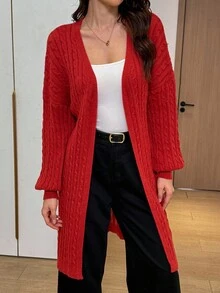 Easowa Red Casual Solid Color Mid-Length Cardigan, Autumn/Winter Red Cardigan Women Long Red Cardigan Red Cable Knit Cardigan Women Red Sweater Long Sweaters For Women Red Knit Cardigan Christmas Sweater Women's Winter Sweater Women's Winter National Day New Year Women's