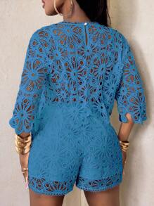 BamGleam 性感镂空蕾丝透视喇叭袖四季针织女式衬衫，女士上衣，修身优雅圆领上衣 - 藍色 - 查看 2