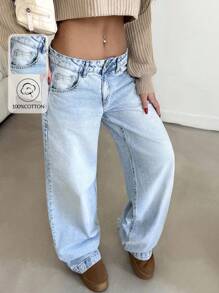 EURMUSE 休闲低腰阔腿淡蓝色 90 年代牛仔裤 - 中等水洗藍 - 查看 3