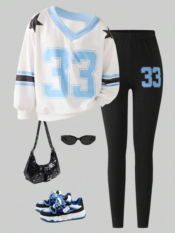 2pcs/Set Teenage Girls' Vacation Casual Letter Print V-Neck Colorblock Sweatshirt & Skinny Pants Outfit Teen Outfits Outfit Sets Two Piece Outfits Cool Outfits For Teens