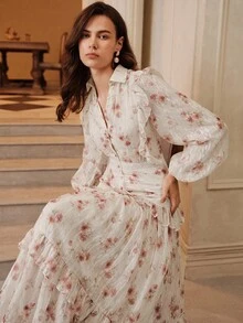 SHEIN Unity New Lightweight Luxury French Floral V-Neck Lantern Sleeve Cinched Waist Elegant Dress For Women - Multicolor - View 6