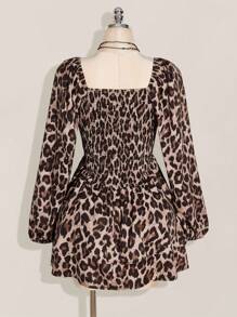 SHEIN ICON Plus Size Leopard Print Lantern Sleeve Cinched Waist A-Line Mini Dress,Beige,Autumn,Classy,Night Out Club,Y2K Style Long Sleeve Dates Parties Dress - Multicolor - View 2