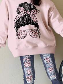 SHEIN 2 件粉色豹纹少女休闲圆领长袖运动衫和紧身裤套装，适合秋冬季