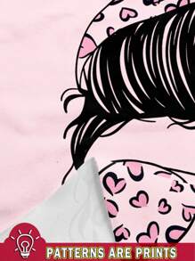 SHEIN 2 件粉色豹纹少女休闲圆领长袖运动衫和紧身裤套装，适合秋冬季