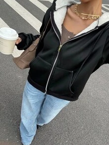 Muchica Women's Autumn New Casual Loose Black Knitted Hooded Fleece Sweatshirt, Suitable For Autumn And Winter Wear, Suitable For Daily Street Wear - Black - View 5