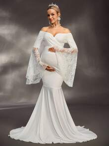 Cheriluna Maternity فستان تصوير الحمل / فستان حفلة أنيق / فستان استحمام الطفل - كتف مكشوف ، كم طويل غير متماثل مبالغ فيه ، فستان ماكسي بتصميم رقعة من الدانتيل