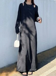 FRIFUL Đầm suông dài tay màu xám đậm trơn cho nữ, Bộ đồ hai mảnh thường ngày, Mùa thu - Màu xám đen - Xem 3