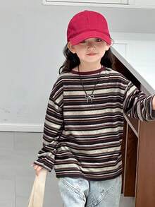 DAZY Young Girls Round Neck Casual Long Sleeve T-Shirt, Brown Stripes, Korean Style, Spring/Autumn - Coffee Brown - View 2