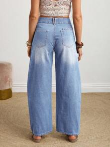EMERY ROSE 女式纽扣前口袋宽松直筒牛仔裤 - 淺色水洗藍 - 查看 3