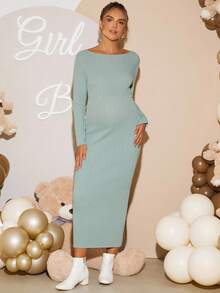 Loomaby Elegant Solid Color Slim Fit Maxi Knit Dress For Pregnant Women,Gender Reveal Dress,Maternity Dress,Baby Shower Dress