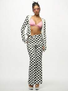 SUMWON WOMEN Polka Dot Flared Pants Festival Y2K High Waist Retro Disco Bell Bottom Dancing Clubwear Party Evening Wide Leg Trousers With Clear Platform Heels - White - View 3