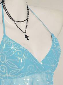 SHEIN ICON 女式 Y2K 性感花朵蕾丝露背吊带背心 - 藍色 - 查看 8