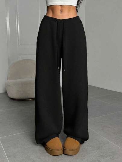 SHEIN EZwear Women's Solid Color Front Tie Simple Straight Leg Sweatpants, Casual Daily Wear Graduation,Back To School Outfits,Graduation,Teacher Outfits For Women,Back To School