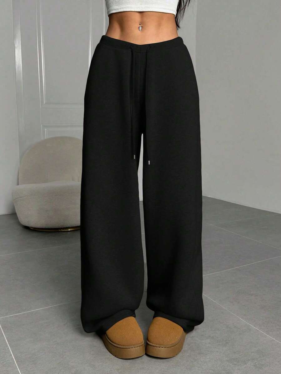 SHEIN EZwear 女士纯色前系带简约直腿运动裤，休闲日常穿着