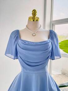 Sweetra Áo cánh voan xếp nếp lãng mạn thanh lịch cỡ lớn cho nữ, tay áo xếp nếp, cổ áo xếp nếp, viền xếp nếp ở eo - Màu xanh bụi bặm - Xem 3