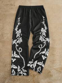 HIMLAND Herren Pflanzen-Muster Zugband Taille Weite Bein Lässig Hose, Schwarze grafische Jogginghose, Blumen-Muster Jogginghose, Herren Jogginghose, Schwarze Jogginghose mit weißem Design, Ranken-Muster Jogginghose, Herbst