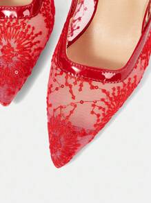 CUCCOO HITCHD 女士刺绣蕾丝雪花尖头细高跟中跟鞋，优雅浪漫红色网纱高跟鞋，礼服鞋，新娘婚礼宾客派对正式鞋，时尚节日场合鞋履 - 紅色 - 查看 11