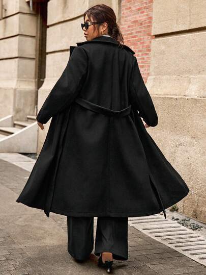 Easura Plus Size Women's Vintage Elegant Turndown Collar Wool Blend Long Coat, Suitable For Commuting, Autumn/Winter Fall