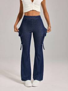 Flexra Calça Denim Feminina Casual, Versátil, Cintura Fina e Perna Flare, Para Uso Diário - Azul - Visão 7