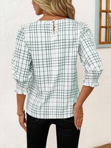 SHEIN Clasi 女士休闲宽松圆领中袖衬衫 - 綠色 - 查看 2