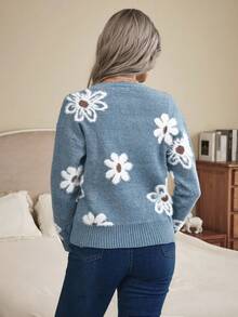 Louniche Chaqueta de punto con botones con estampado floral, Top de manga larga - Azul - Ver 5