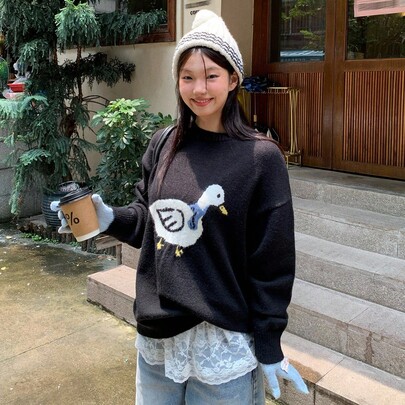 여성용 카툰 컬러블록 크루넥 귀여운 스웨터, 가을/겨울