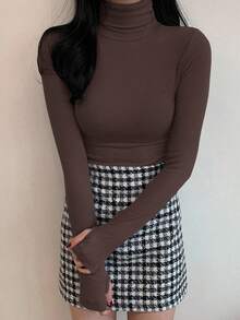 DAZY 女式纯色长袖休闲高领修身打底T恤秋冬 - 棕色 - 查看 2