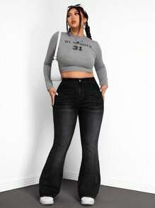 SHEIN EZwear 大码女式高腰口袋喇叭裤休闲百搭牛仔裤 - 黑色 - 查看 5