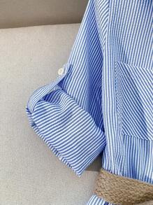 Franclia 女士条纹长袖单排扣口袋休闲长衬衫裙，适合大学秋季穿着。