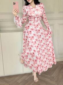 Feyla Đầm Maxi Thanh Lịch Cổ Chữ V Tay Chuông In Hoa Cho Nữ Thiết Kế Nút - Hồng - Xem 6
