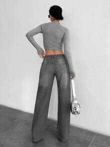 EURMUSE Pantalones vaqueros rectos de ajuste holgado y casual de 100% algodón con bolsillos para uso diario de mujeres - Gris Claro - Ver 2