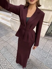 Aloruh Conjunto de blazer y falda elegante y de moda con cuello de solapa para mujer en otoño/invierno