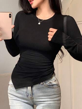 DAZY Asymmetric Design Slim Fit Long Sleeve Women T-Shirt,Fall Clothes Preppy Tops