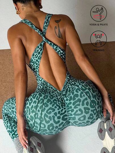 Slayform 1pc Women's Leopard Print Yoga Workout Jumpsuit Yoga Romper Workout Dresses Open Back Dress Backless Active Dress Yoga Dresses