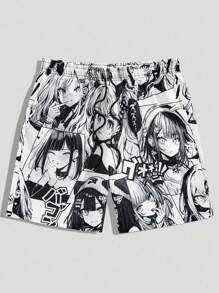 ROMWE MEN Anime Spring/Summer Casual Graphic Men'S Cartoon Character Print Shorts, School - Multicolor - View 1