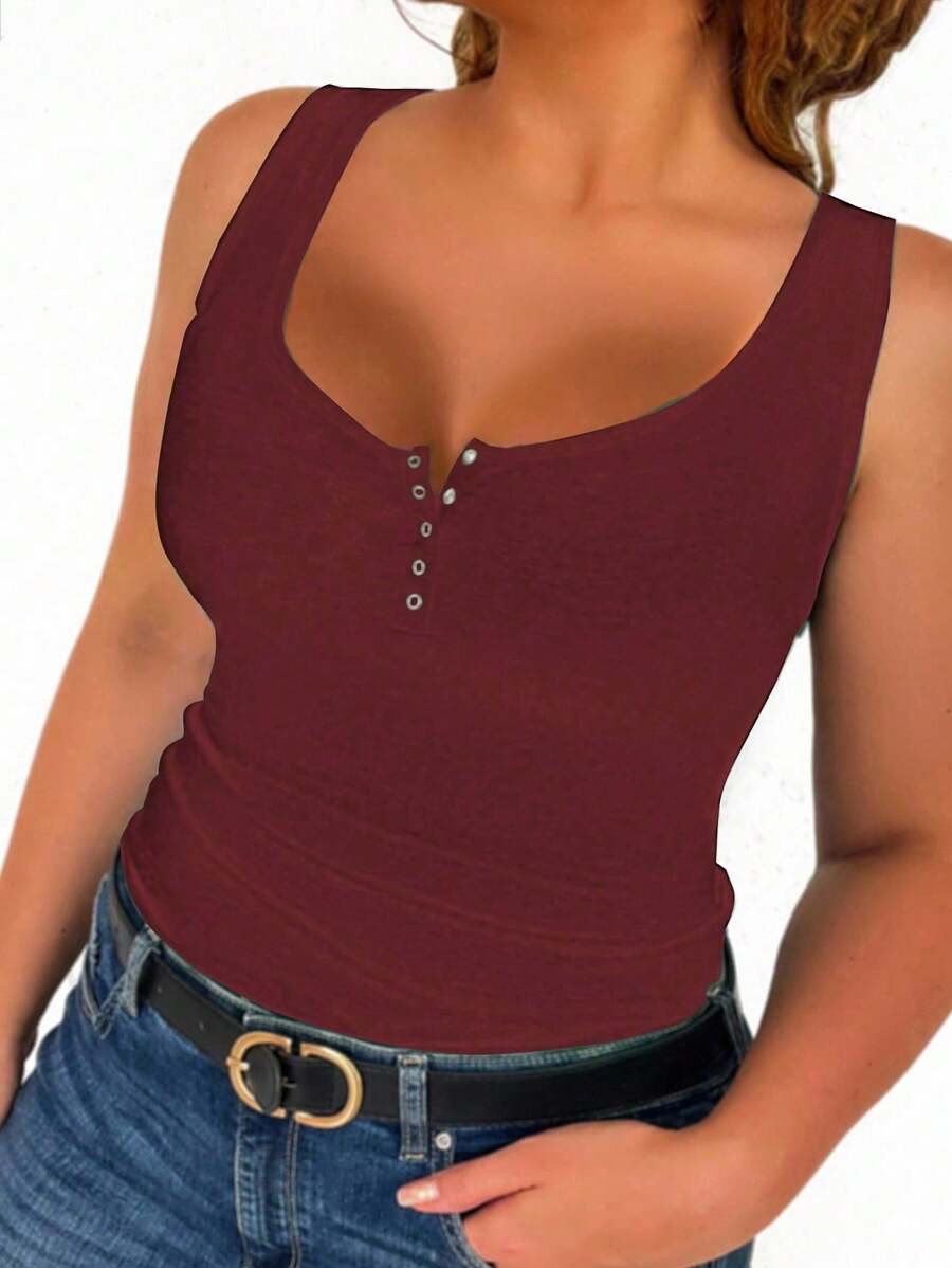 SHEIN LUNE 大码纯色修身背心，夏季新年服装 - 紅色 - 查看 1