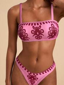 Travachic Damen Sommer Strand Blumen Muster Sexy Bikini Badeanzug Set, Rosa Bikini Set Zwei Teile Badeanzug, Bademode für Damen, Rosa Bescheidener Bikini Set 2 Teile Badeanzug - Heißes Pink - Übersicht 3