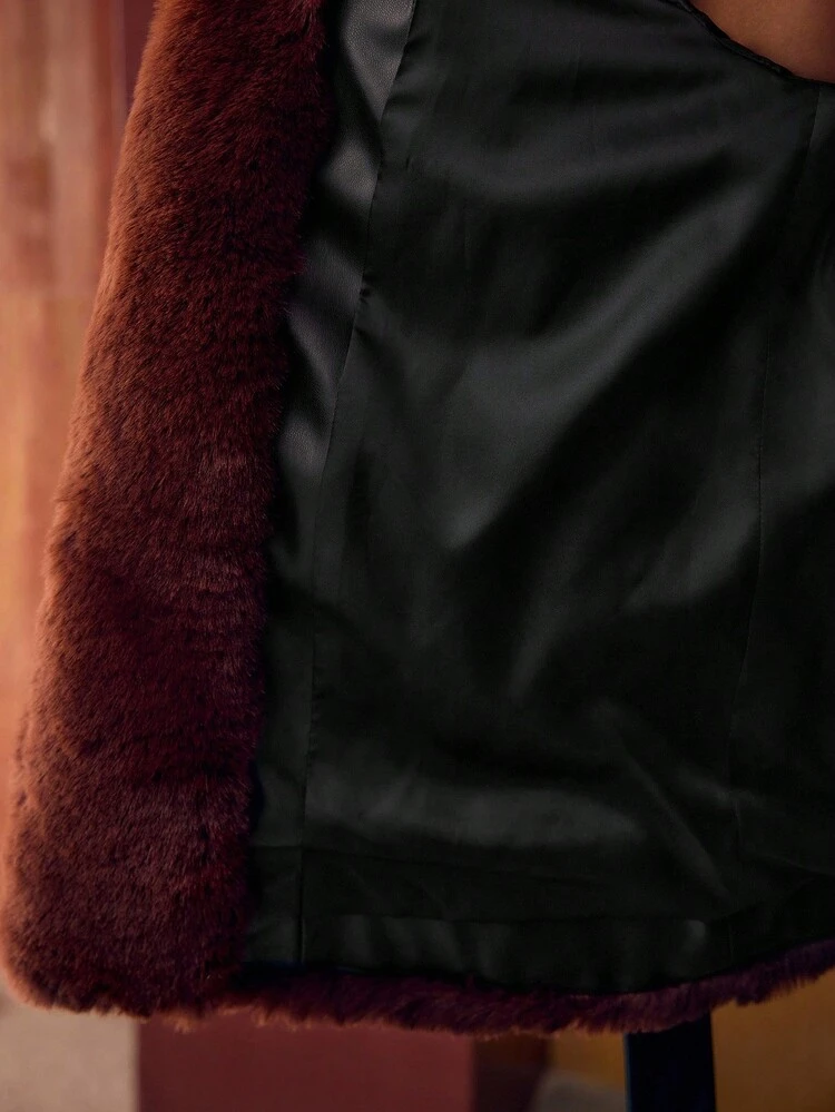 PU LEATHER PATCHWORK FAUX FUR COLLAR BELTED COAT FOR WOMEN