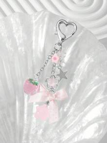 ROMWE Kawaii 1 件时尚精致百搭优质银链星形树脂花草莓圆点丝带蝴蝶结星形吊坠 DIY 钥匙扣包饰，适合女士/女孩日常佩戴，节日礼物 - 粉色 - 查看 6