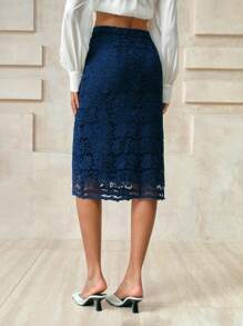 Arave 女士高端优雅法式蕾丝裙，适合通勤，春夏季 - 藏蓝色 - 查看 3