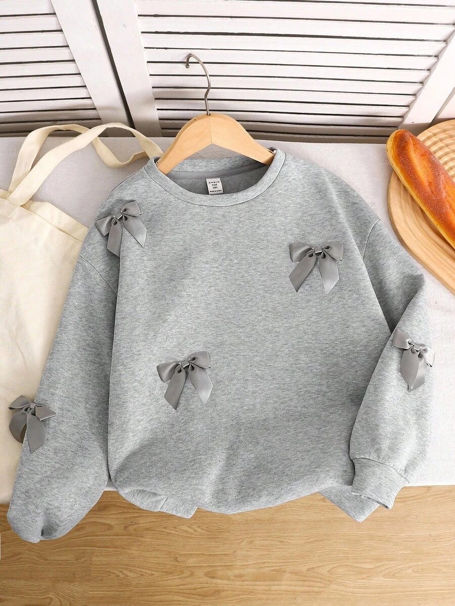 Tween Girl All-Match Versatile Casual Crew Neck Loose Solid Gray Sweatshirt With Bow Decor, Autumn/Winter