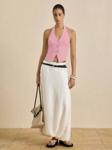 Airaco Áo ba lỗ hở lưng một hàng khuy đơn màu mùa hè dành cho nữ - Hồng - Xem 3