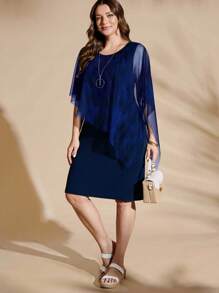 Flouryn 优雅网眼披肩拼接舒适针织二合一连衣裙，优雅大码连衣裙，春夏连衣裙