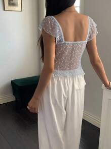 CovetEZ Women Lace Ruffle Hem Sweetheart Neck Cap Sleeve Elegant T-Shirt,Rave Top,See Through Top,Summer Tops - Blue - View 2