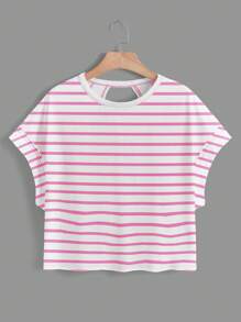 SHEIN Essnce Áo thun nữ cổ tròn hở lưng, viền bất đối xứng, màu hồng và trắng tương phản, thoải mái, không tay, thích hợp cho mùa hè - Nhiều màu - Xem 2