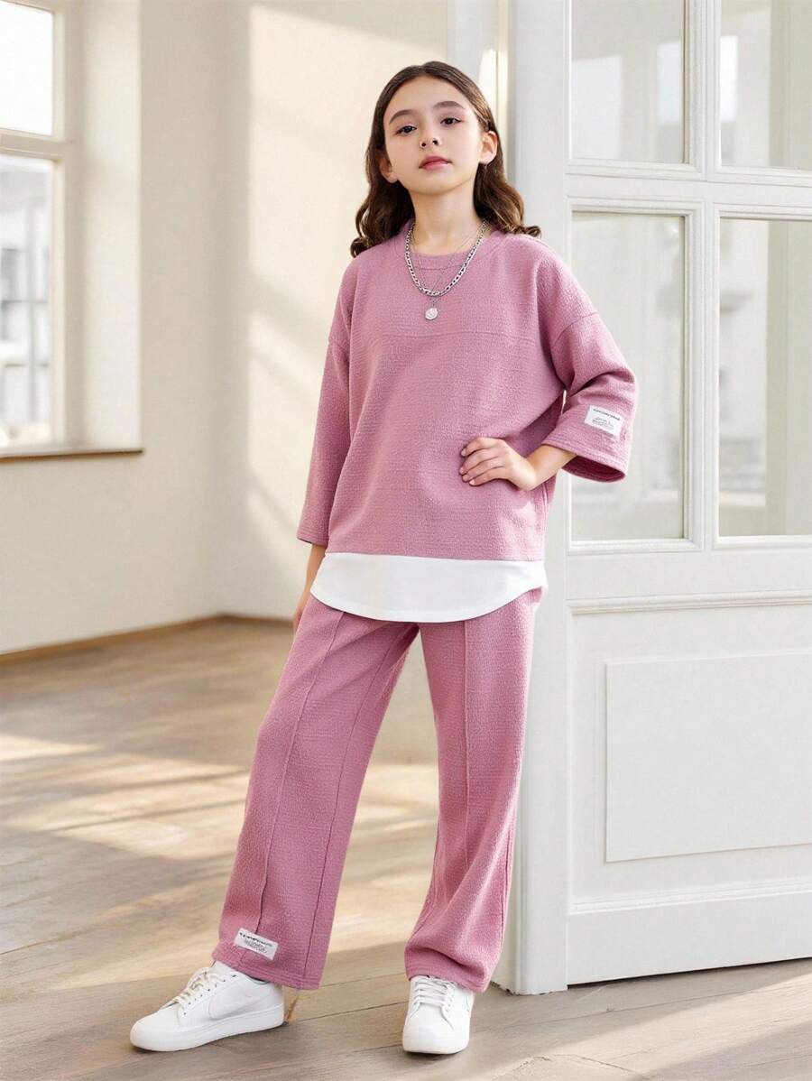 SHEIN Tween 女童街头服饰针织拼接圆领 3/4 袖上衣和宽松工装裤休闲套装 - 藕粉色 - 查看 1